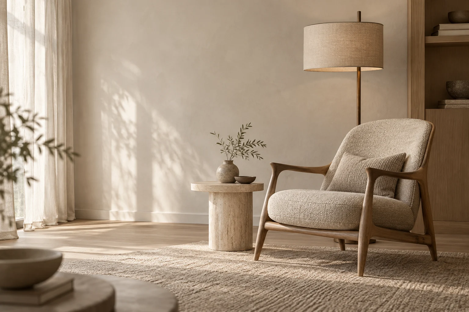 Concept study of a lounge chair, lamp and natural materials