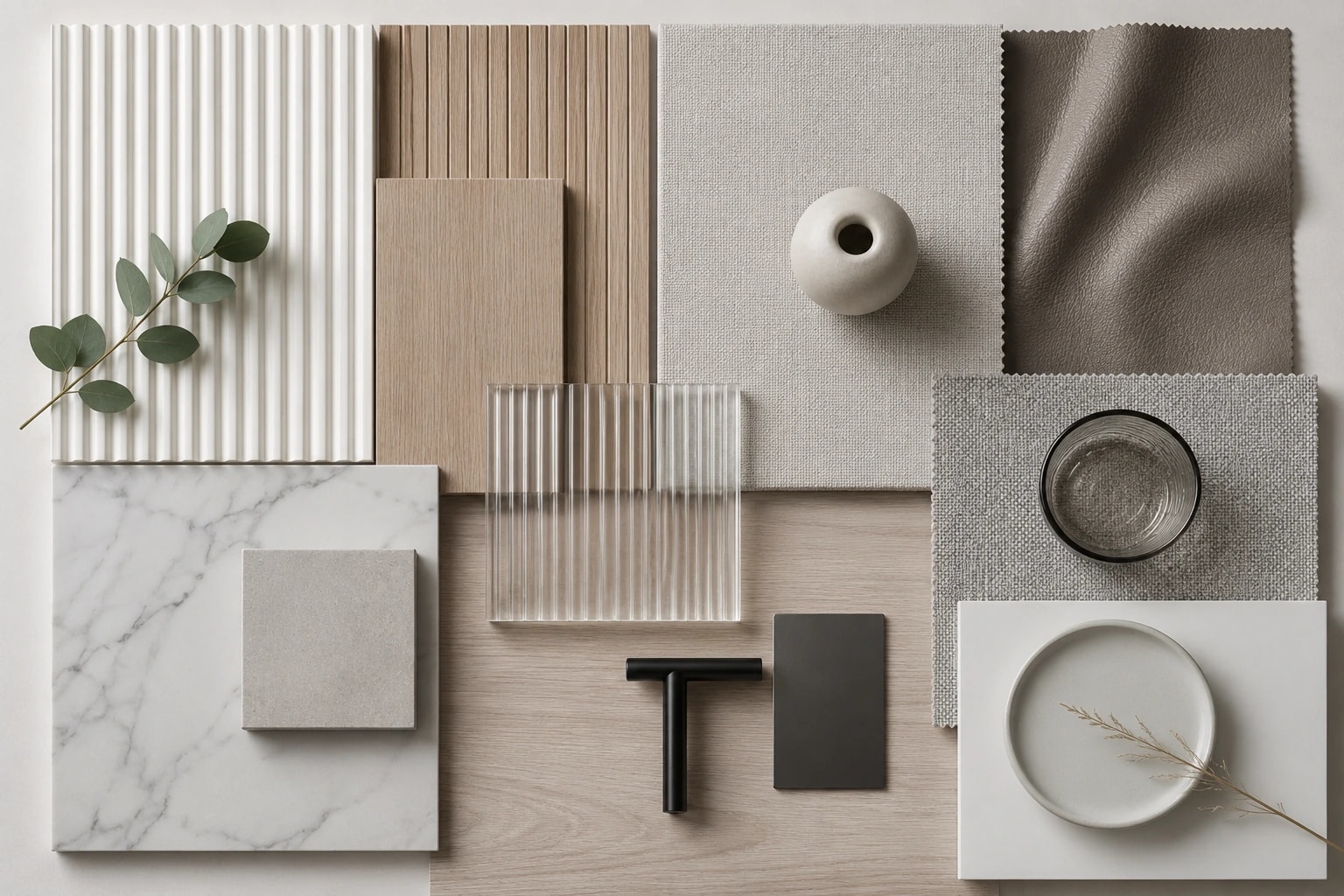 Harbour Height moodboard of timber, stone, glass and fabric